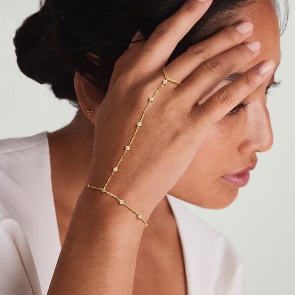 Gold Hand Chain Bracelet Womens 14K Gold Plated Dainty Waterproof Jewelry - Picture 2 of 8